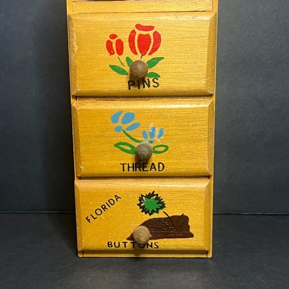Vintage Hangable Wooden 3 Drawer Sewing Organizer w/ Pincushion Florida Souvenir - Picture 3 of 9